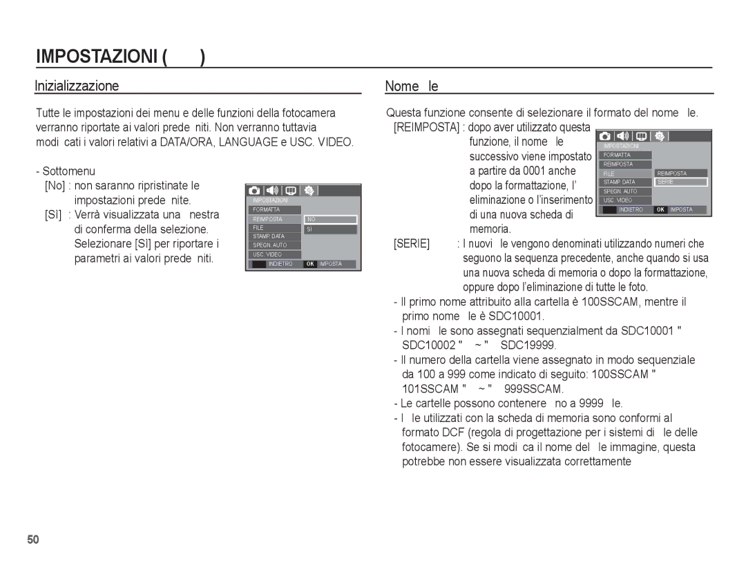 Samsung EC-L201ZPBC/IT, EC-L201ZBBC/IT, EC-L201ZEBB/IT, EC-L201ZUBA/IT, EC-L201ZPBB/IT manual Inizializzazione, Nome ﬁle, Serie 