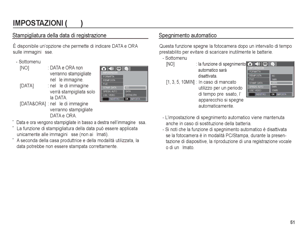 Samsung EC-L201ZUBB/IT, EC-L201ZBBC/IT manual Stampigliatura della data di registrazione, Spegnimento automatico, Data 