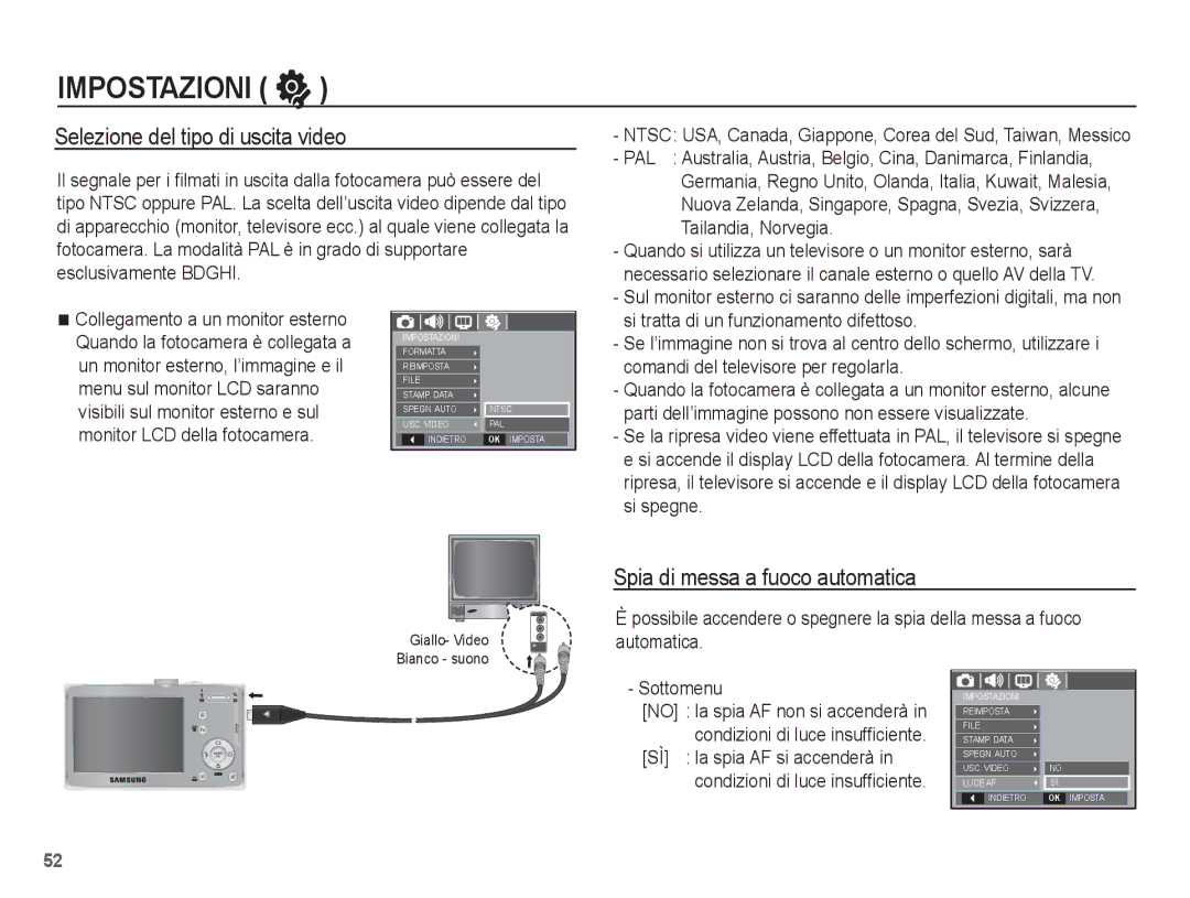 Samsung EC-L201ZSBB/IT, EC-L201ZBBC/IT, EC-L201ZEBB/IT Selezione del tipo di uscita video, Spia di messa a fuoco automatica 