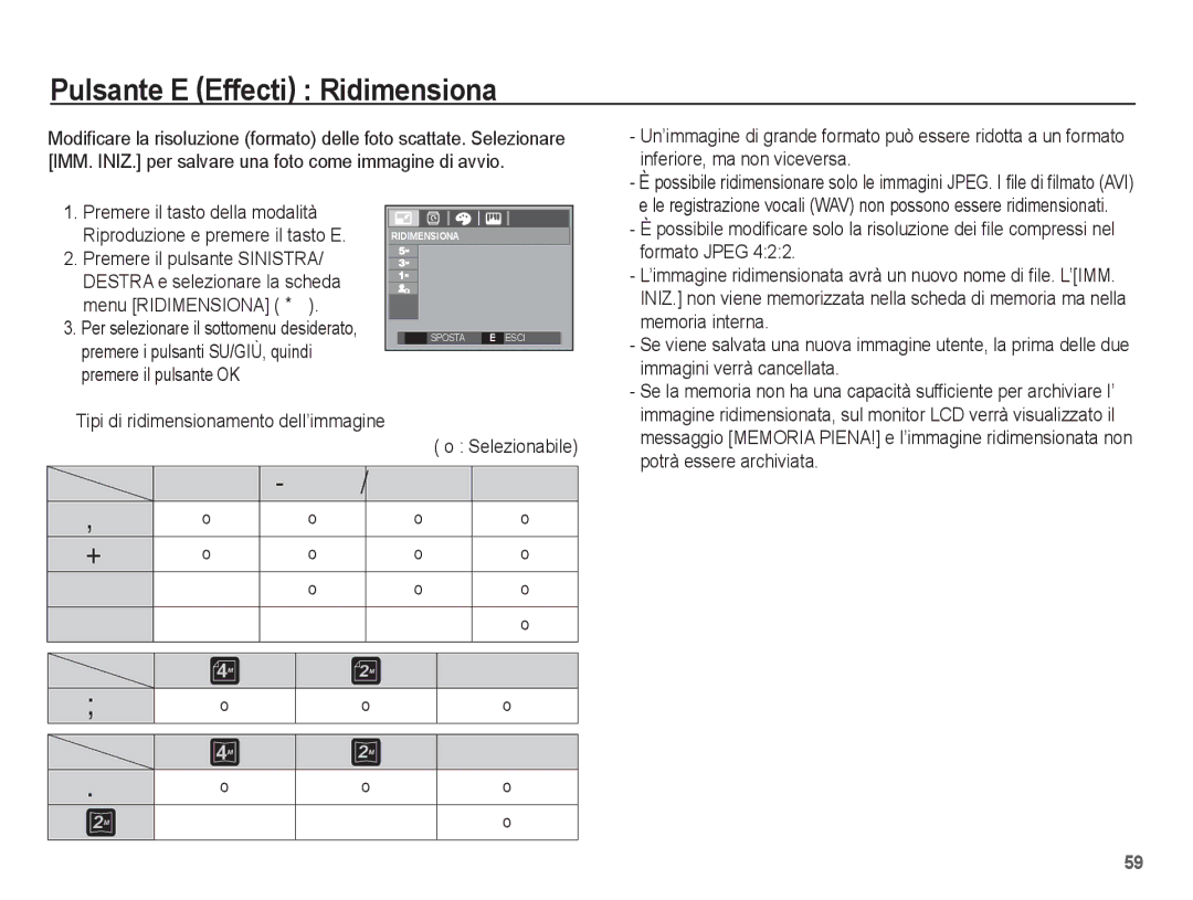 Samsung EC-L201ZBBC/IT, EC-L201ZEBB/IT, EC-L201ZUBA/IT, EC-L201ZPBB/IT, EC-L201ZPBA/IT manual Pulsante E Effecti Ridimensiona 