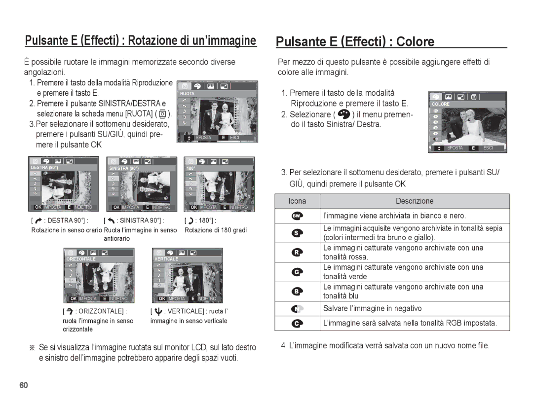 Samsung EC-L201ZEBB/IT, EC-L201ZBBC/IT Pulsante E Effecti Colore, Selezionare Il menu premen Do il tasto Sinistra/ Destra 