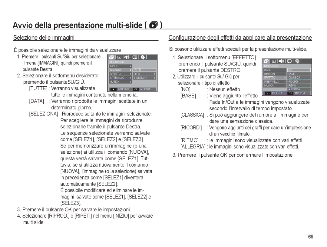 Samsung EC-L201ZPBC/IT manual Avvio della presentazione multi-slide , Selezione delle immagini, Base, Ricordi, Ritmo 