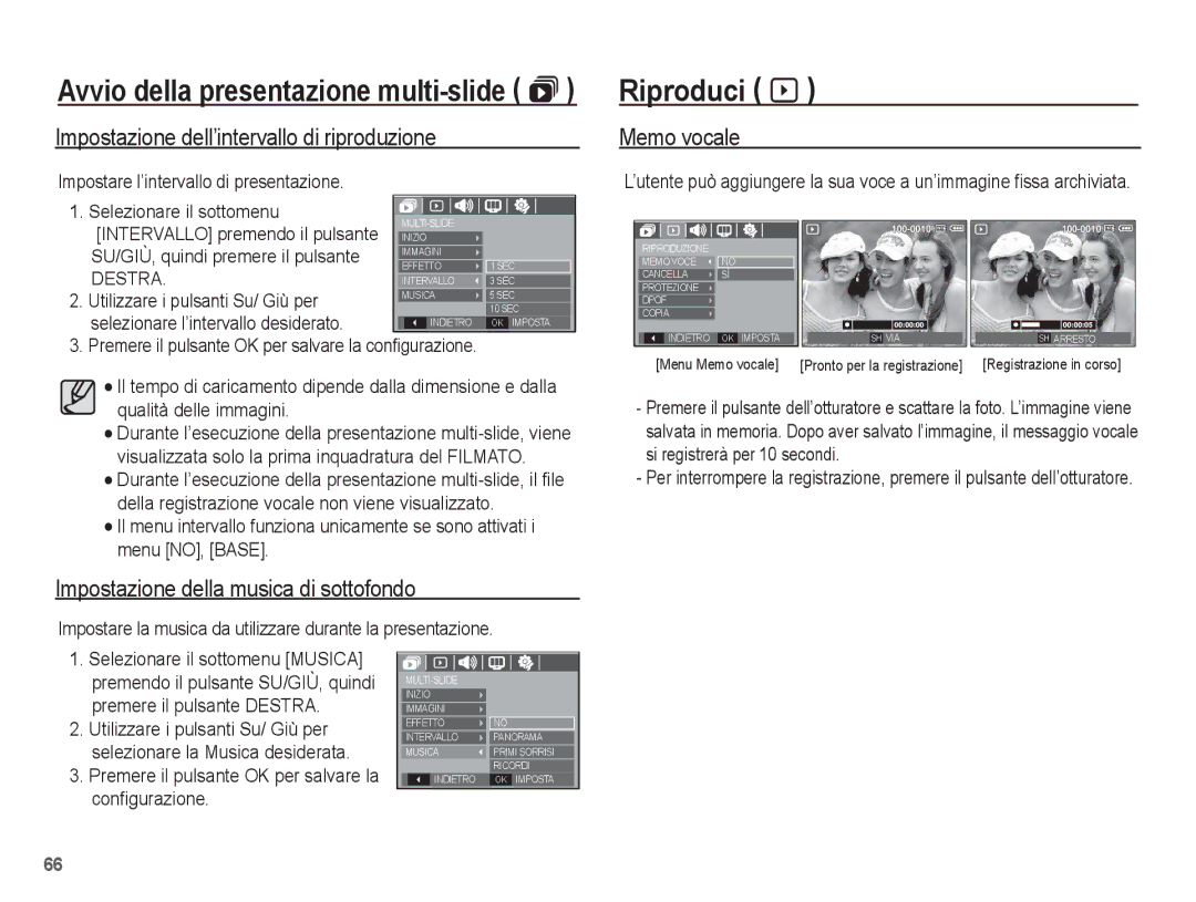 Samsung EC-L201ZUBB/IT, EC-L201ZBBC/IT manual Riproduci à, Impostazione dell’intervallo di riproduzione, Memo vocale, Destra 