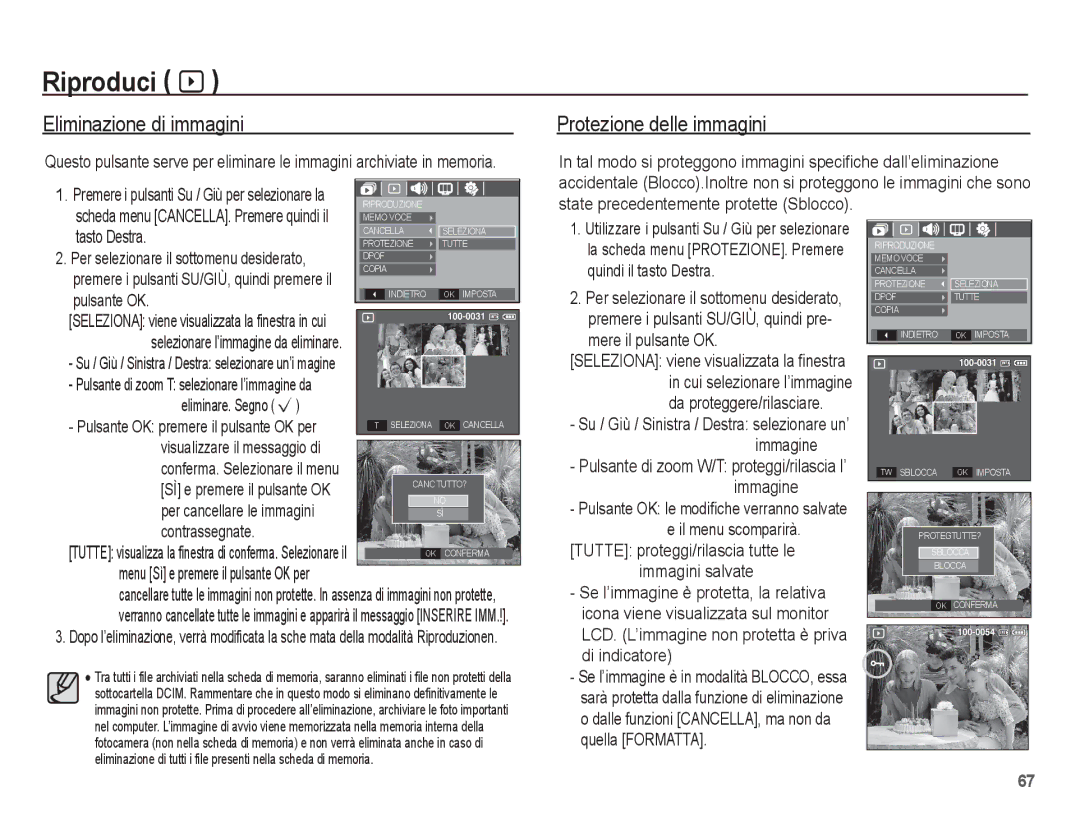 Samsung EC-L201ZSBB/IT, EC-L201ZBBC/IT, EC-L201ZEBB/IT Eliminazione di immagini, Protezione delle immagini, Tasto Destra 