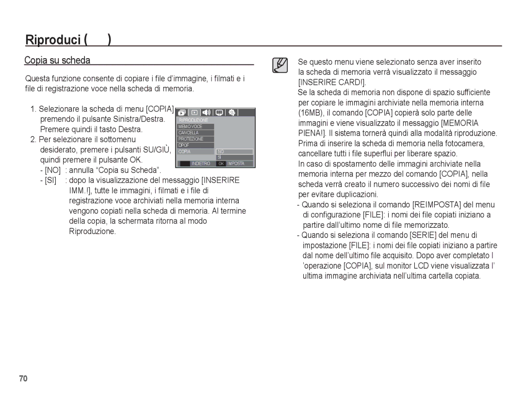 Samsung EC-L201ZSBC/IT, EC-L201ZBBC/IT, EC-L201ZEBB/IT, EC-L201ZUBA/IT manual Copia su scheda, Quindi premere il pulsante OK 