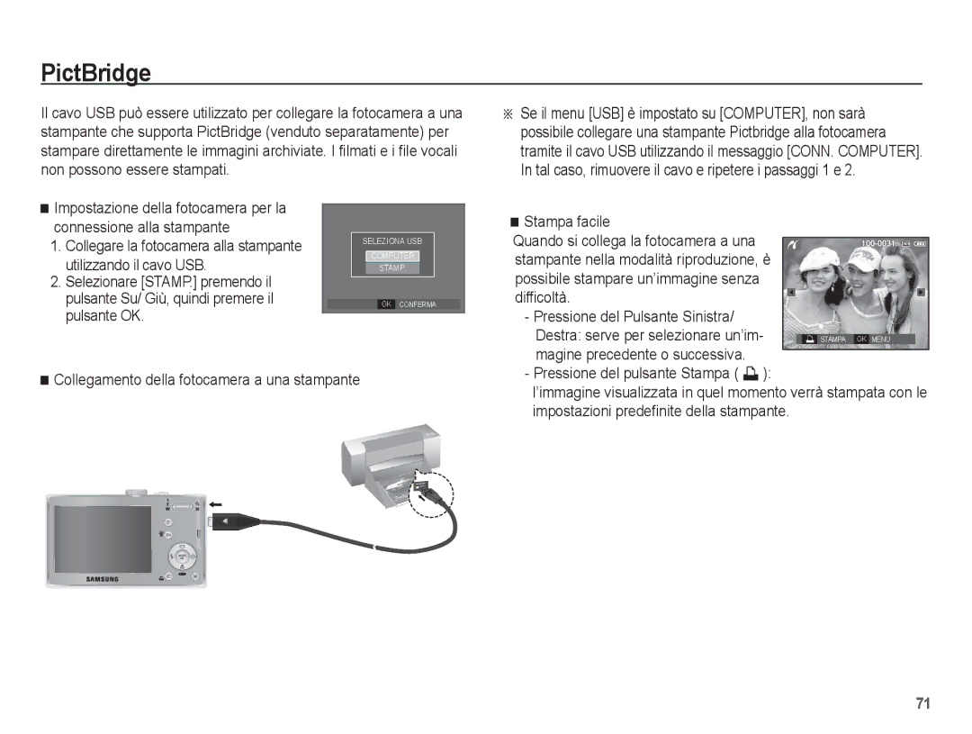 Samsung EC-L201ZSBA/IT, EC-L201ZBBC/IT manual PictBridge, Stampa facile, Difficoltà Pressione del Pulsante Sinistra 