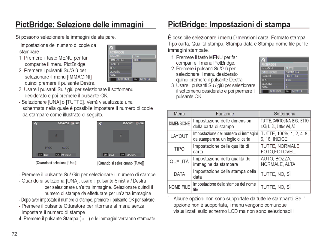 Samsung EC-L201ZBBB/IT, EC-L201ZBBC/IT manual PictBridge Selezione delle immagini, PictBridge Impostazioni di stampa 