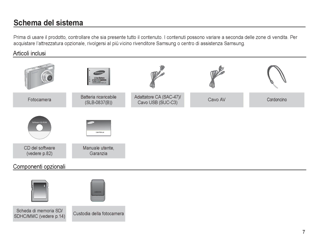 Samsung EC-L201ZSBB/IT, EC-L201ZBBC/IT Schema del sistema, Articoli inclusi, Componenti opzionali, Fotocamera, Cavo AV 