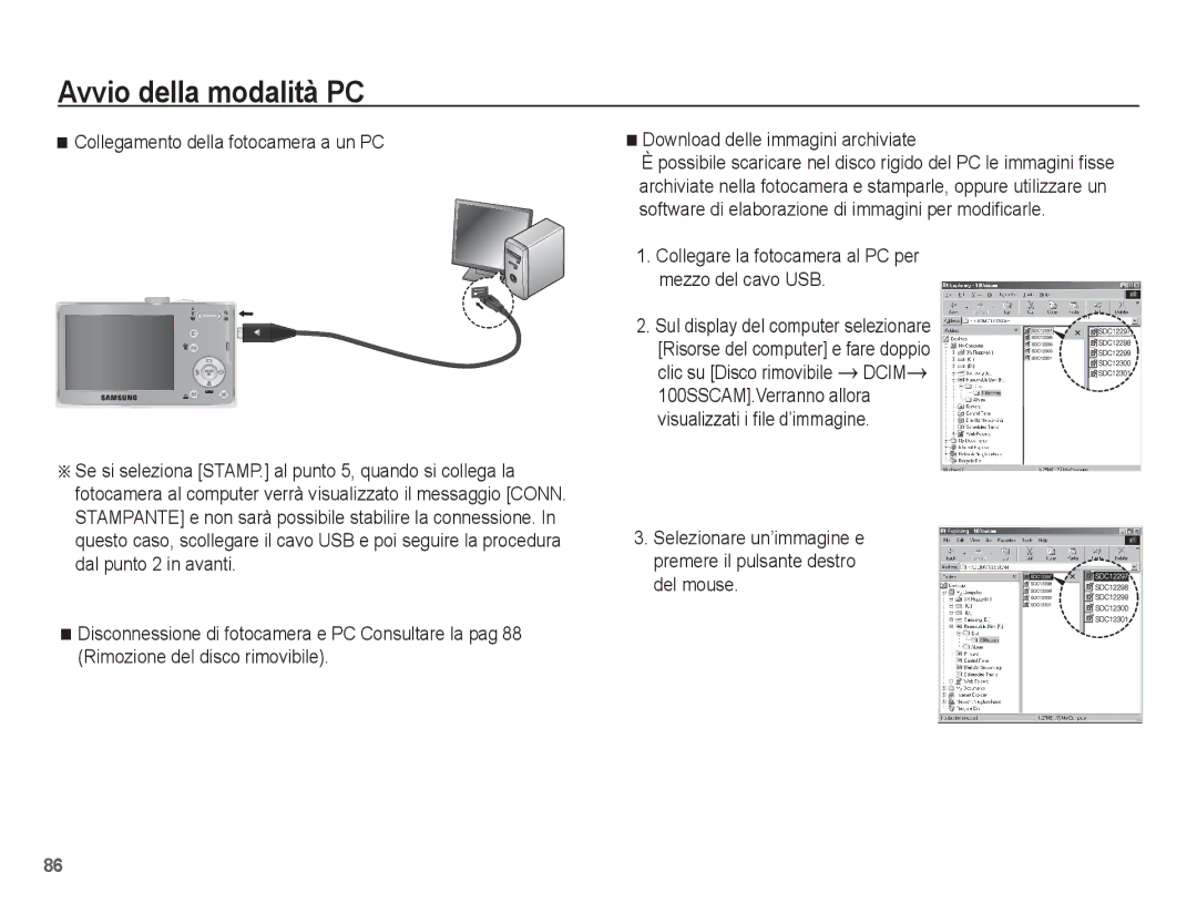 Samsung EC-L201ZSBA/IT manual Collegamento della fotocamera a un PC, Collegare la fotocamera al PC per mezzo del cavo USB 