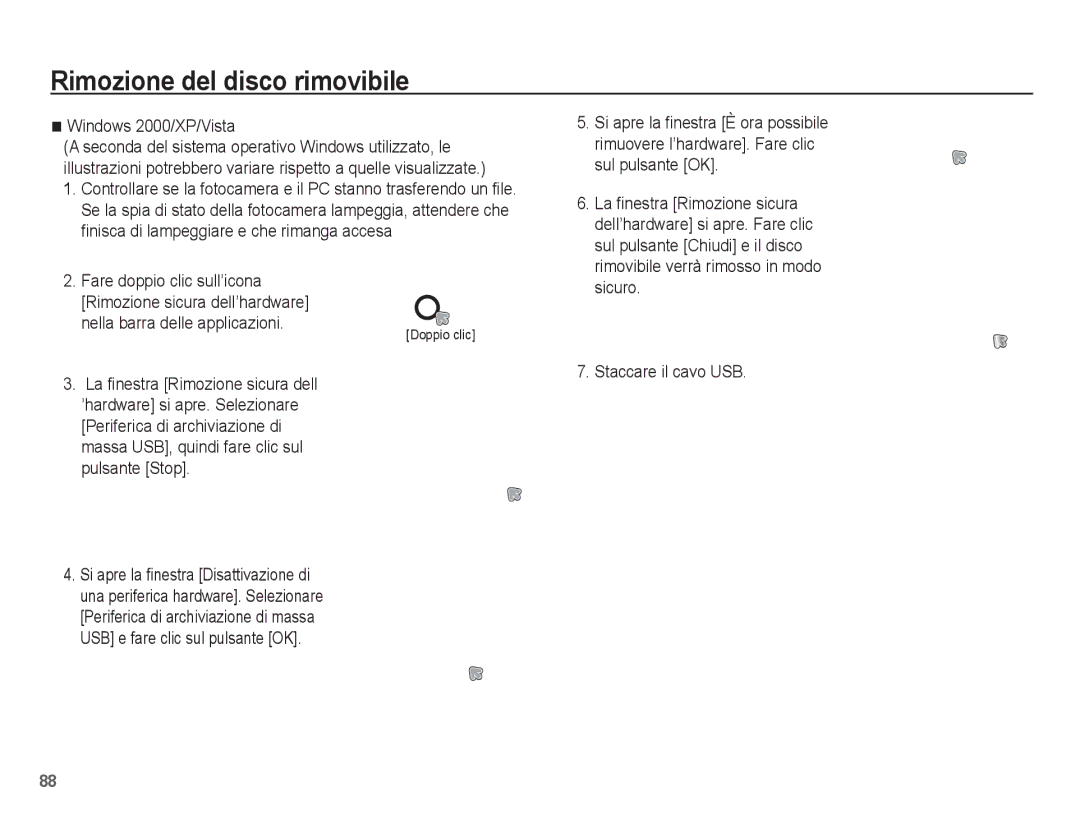 Samsung EC-L201ZEBC/IT manual Rimozione del disco rimovibile, Windows 2000/XP/Vista, Nella barra delle applicazioni 