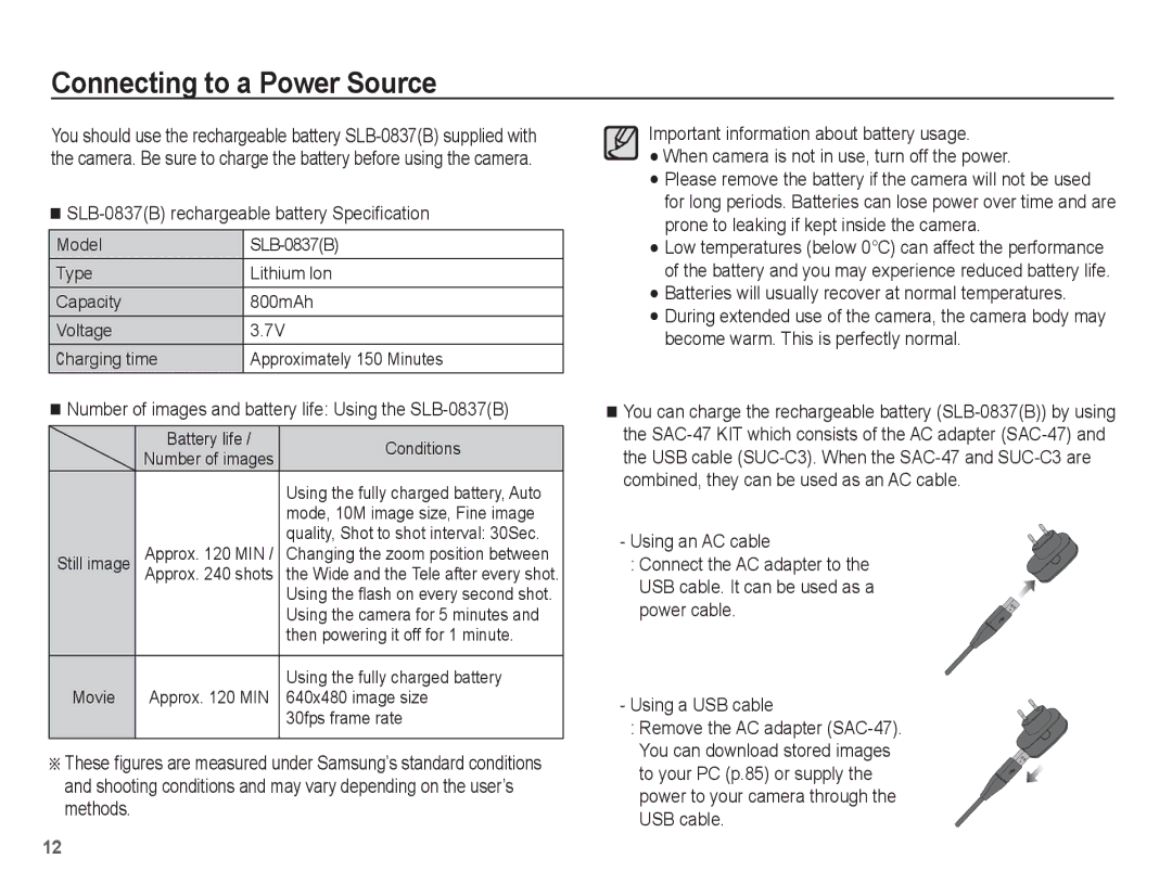 Samsung EC-L201ZUBB/IT, EC-L201ZEBA/FR manual Connecting to a Power Source, SLB-0837B rechargeable battery Speciﬁcation 