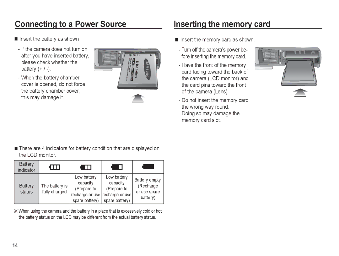 Samsung EC-L201ZBBA/IT, EC-L201ZEBA/FR, EC-L201ZPBA/FR manual Inserting the memory card, Insert the memory card as shown 