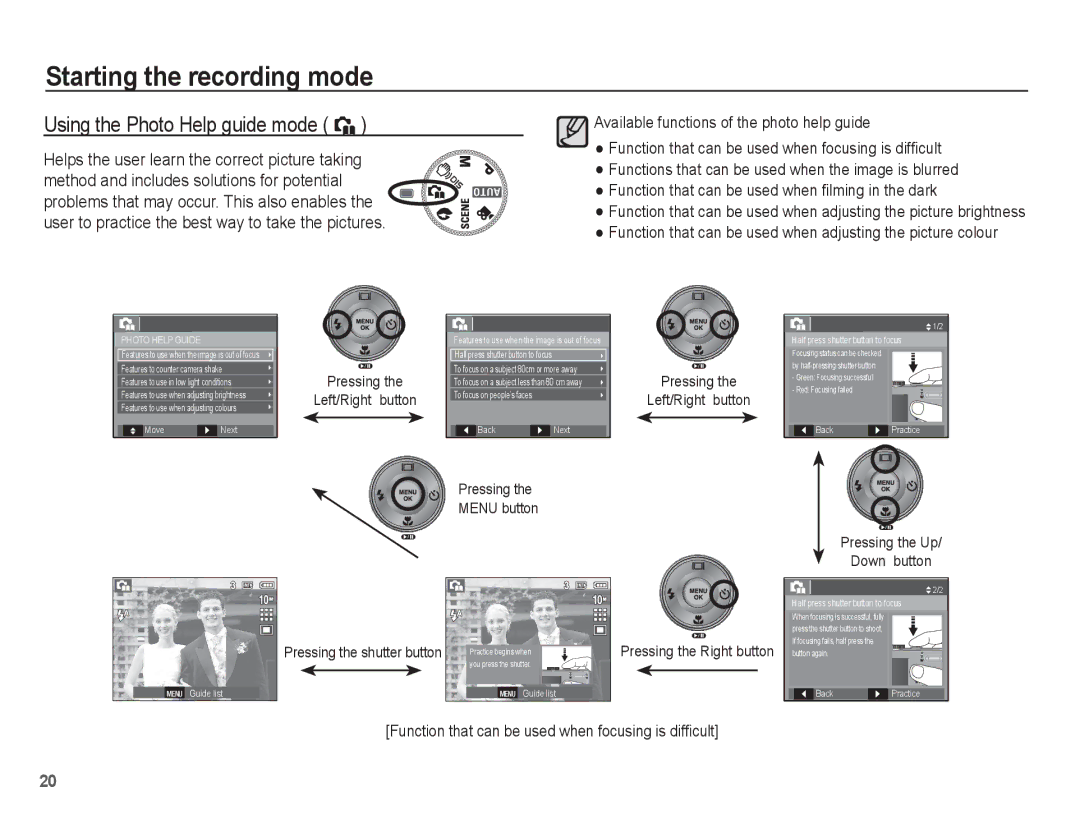 Samsung EC-L201ZSBA/E1, EC-L201ZEBA/FR, EC-L201ZPBA/FR, EC-L201ZSBA/FR, EC-L201ZBBA/FR manual Using the Photo Help guide mode ` 