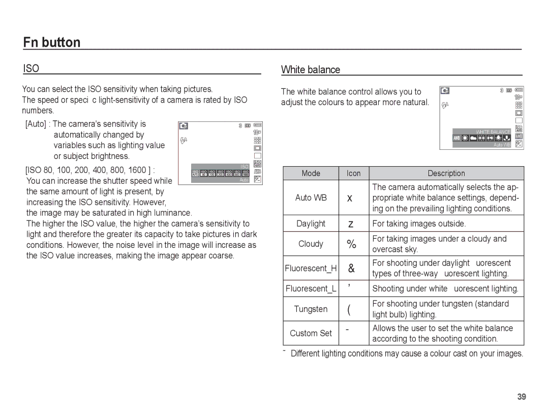 Samsung EC-L201ZEBA/AS, EC-L201ZEBA/FR manual White balance, For taking images outside, Overcast sky, Light bulb lighting 