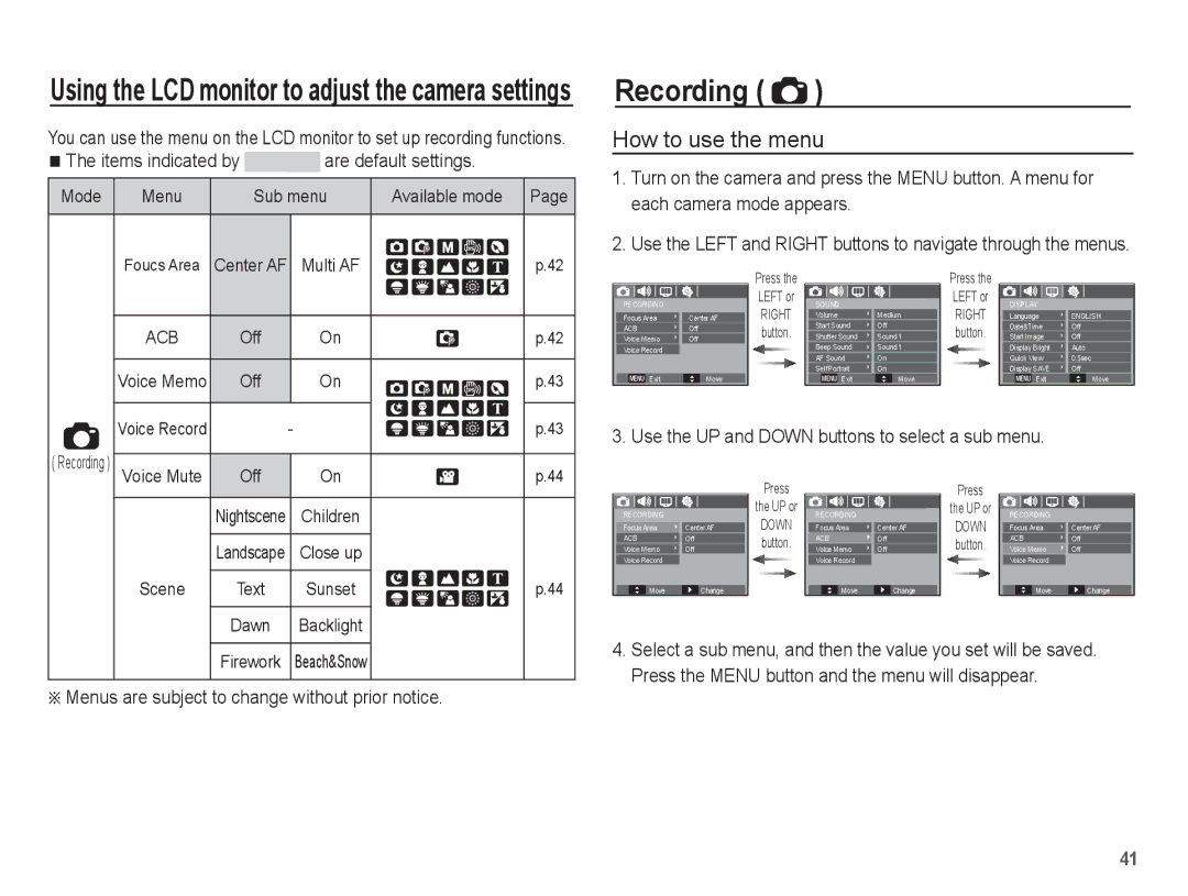 Samsung EC-L201ZSBA/VN, EC-L201ZEBA/FR manual Recording, How to use the menu, Items indicated by are default settings 