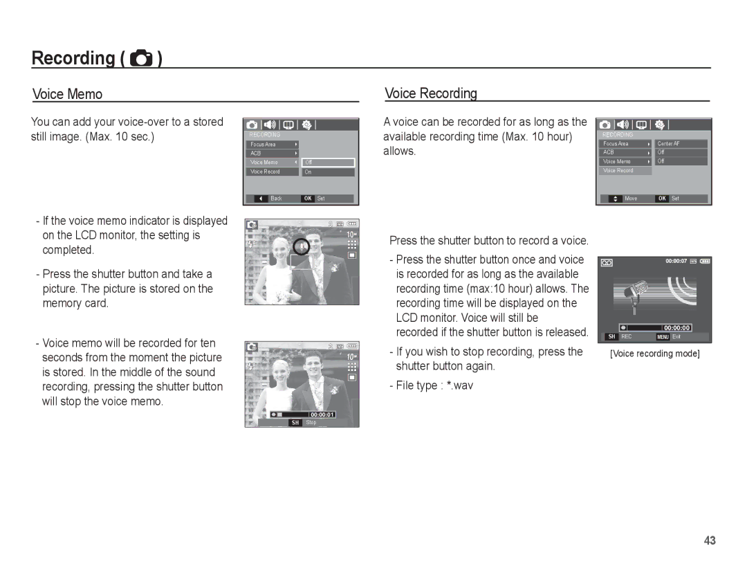 Samsung EC-L201ZEBA/VN manual Voice Memo Voice Recording, You can add your voice-over to a stored still image. Max sec 