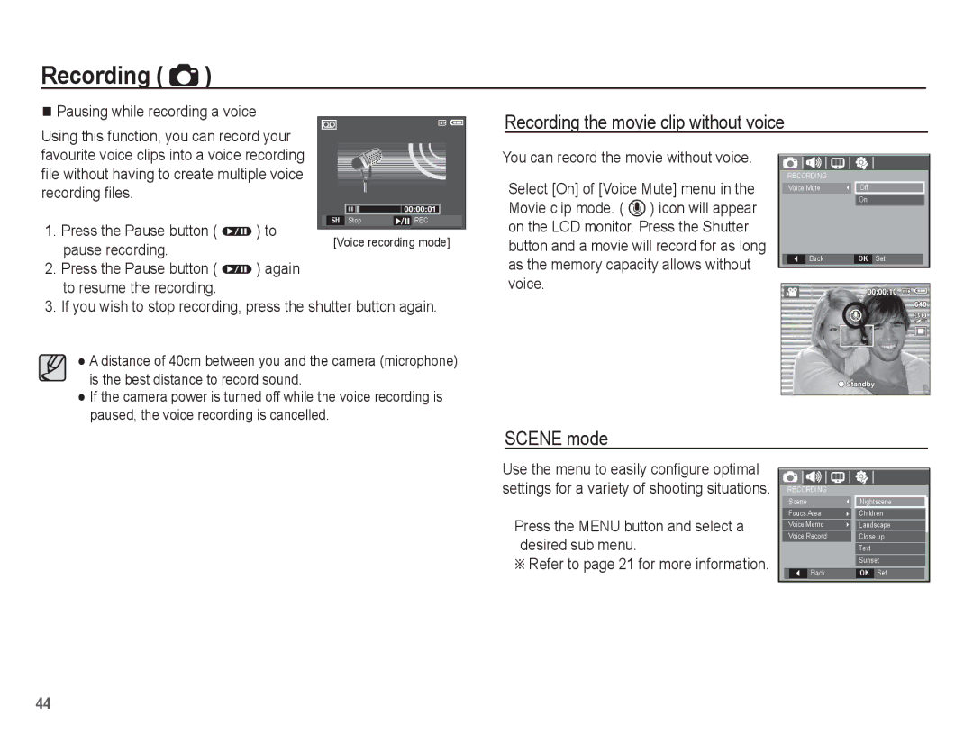 Samsung EC-L201ZBBA/VN, EC-L201ZEBA/FR, EC-L201ZPBA/FR Recording the movie clip without voice, Scene mode, Pause recording 