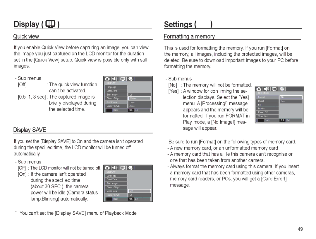 Samsung EC-L201ZSDA/E3, EC-L201ZEBA/FR, EC-L201ZPBA/FR manual Settings, Quick view, Formatting a memory, Display Save 