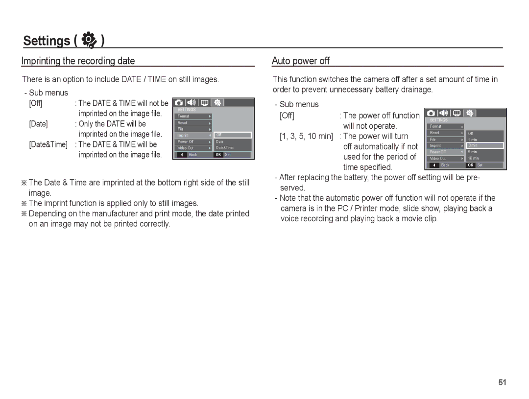 Samsung EC-L201ZPBA/E2, EC-L201ZEBA/FR, EC-L201ZPBA/FR, EC-L201ZSBA/FR manual Imprinting the recording date, Auto power off 