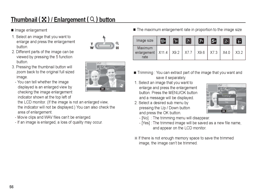 Samsung EC-L201ZUBA/E2, EC-L201ZEBA/FR Thumbnail º / Enlargement í, Image enlargement, Button, A message will be displayed 