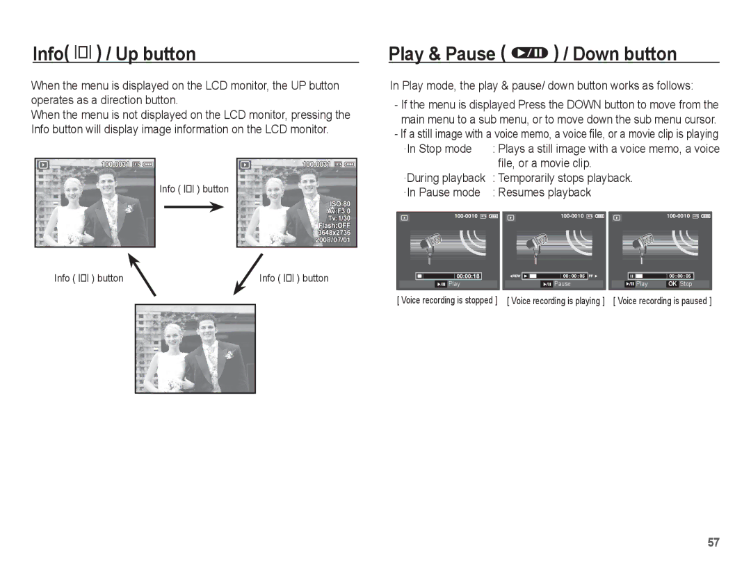 Samsung EC-L201ZUDA/E3, EC-L201ZEBA/FR, EC-L201ZPBA/FR, EC-L201ZSBA/FR manual Info î / Up button, Play & Pause Ø / Down button 