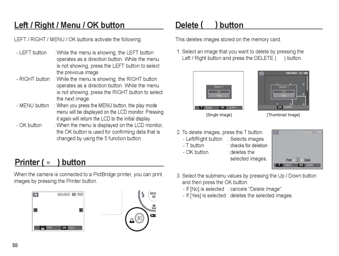 Samsung EC-L201ZPBA/RU, EC-L201ZEBA/FR, EC-L201ZPBA/FR Left / Right / Menu / OK button, Delete Õ button, Printer » button 