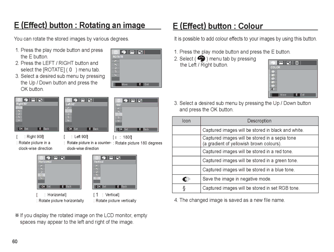 Samsung EC-L201ZUBA/RU Effect button Rotating an image, Effect button Colour, Changed image is saved as a new file name 