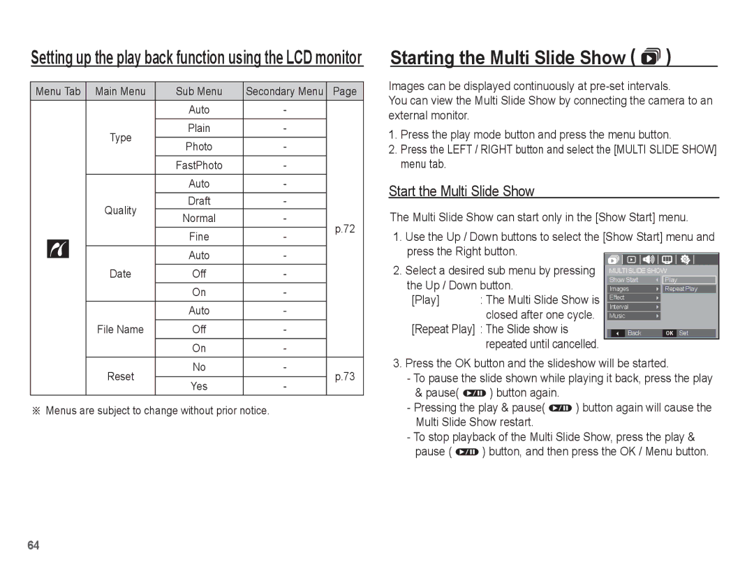 Samsung EC-L201ZBBA/FR Starting the Multi Slide Show , Start the Multi Slide Show, Repeat Play The Slide show is 