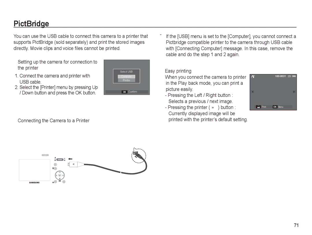 Samsung EC-L201ZPBA/IT, EC-L201ZEBA/FR manual PictBridge, Pressing the printer » button, Connecting the Camera to a Printer 