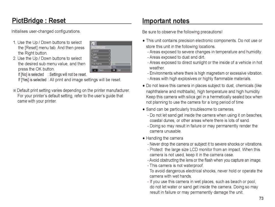 Samsung EC-L201ZPBC/IT, EC-L201ZEBA/FR manual PictBridge Reset, Important notes, Initialises user-changed configurations 