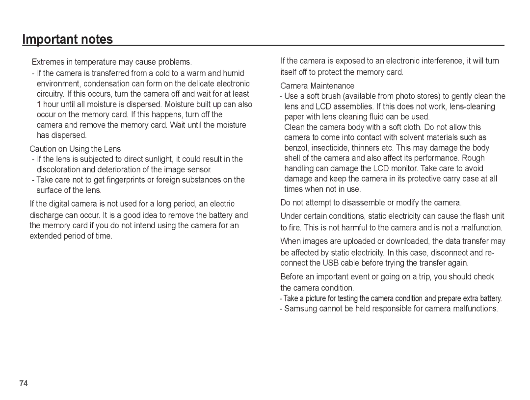 Samsung EC-L201ZUBB/IT Extremes in temperature may cause problems, Do not attempt to disassemble or modify the camera 