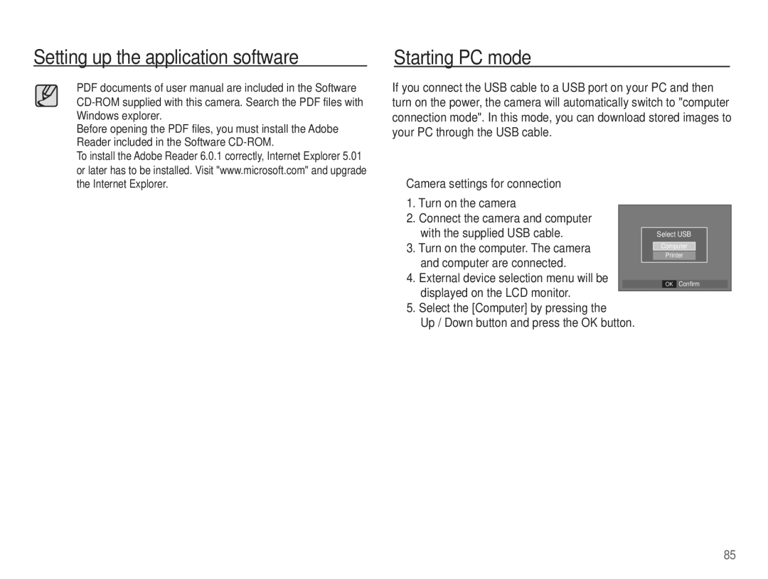 Samsung EC-L201ZUBA/E1, EC-L201ZEBA/FR Setting up the application software Starting PC mode, With the supplied USB cable 