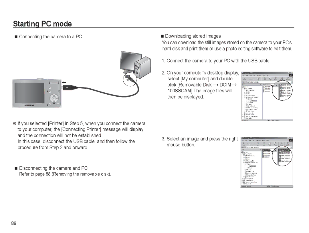 Samsung EC-L201ZBBA/E1, EC-L201ZEBA/FR, EC-L201ZPBA/FR manual Connecting the camera to a PC, Downloading stored images 