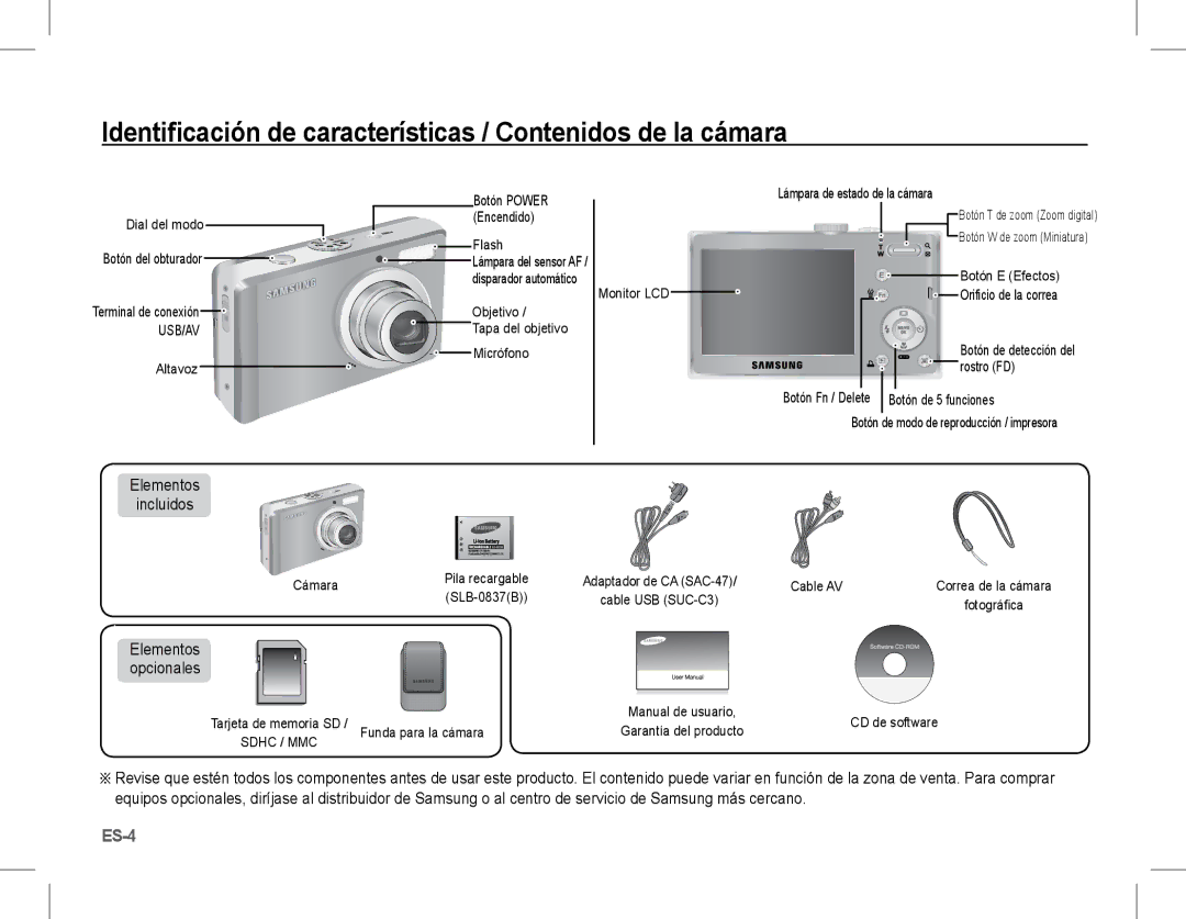 Samsung EC-L201ZSBA/E1, EC-L201ZEBA/FR Identificación de características / Contenidos de la cámara, Elementos Incluidos 