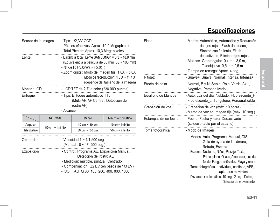 Samsung EC-L201ZPBA/E1, EC-L201ZEBA/FR, EC-L201ZPBA/FR, EC-L201ZSBA/FR, EC-L201ZBBA/FR, EC-L201ZUBA/E3 manual Especificaciones 