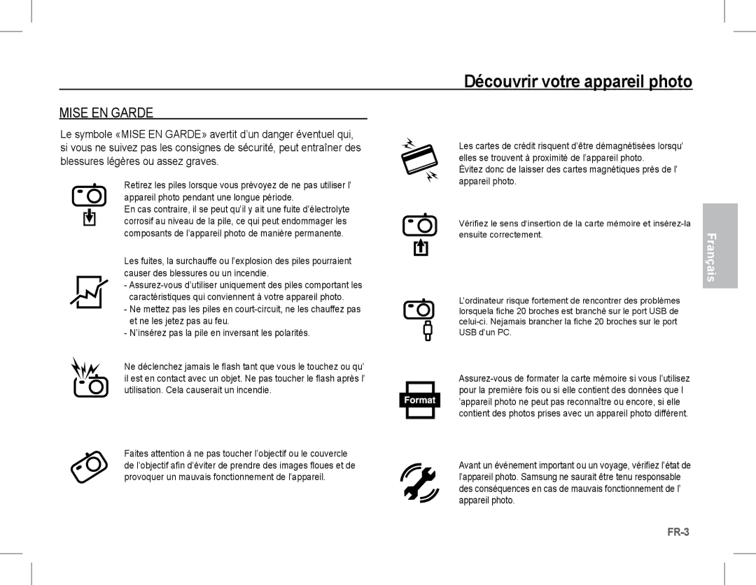 Samsung EC-L201ZBBA/AS, EC-L201ZEBA/FR, EC-L201ZPBA/FR, EC-L201ZSBA/FR, EC-L201ZBBA/FR manual Mise EN Garde, Appareil photo 