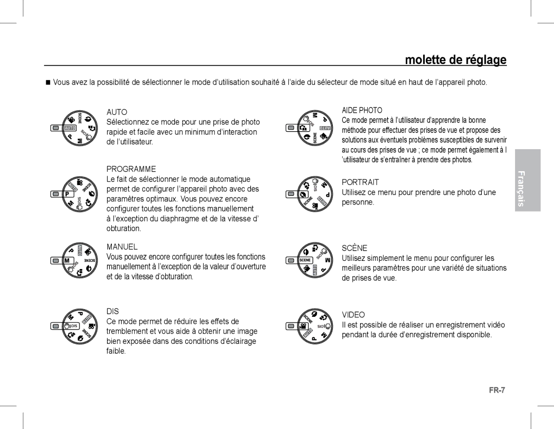 Samsung EC-L201ZEBA/AS, EC-L201ZEBA/FR manual Molette de réglage, ’exception du diaphragme et de la vitesse d’ obturation 