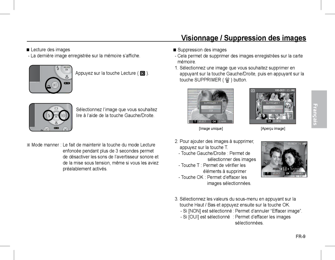 Samsung EC-L201ZSBA/VN manual Visionnage / Suppression des images, Touche T Permet de vérifier les Éléments à supprimer 