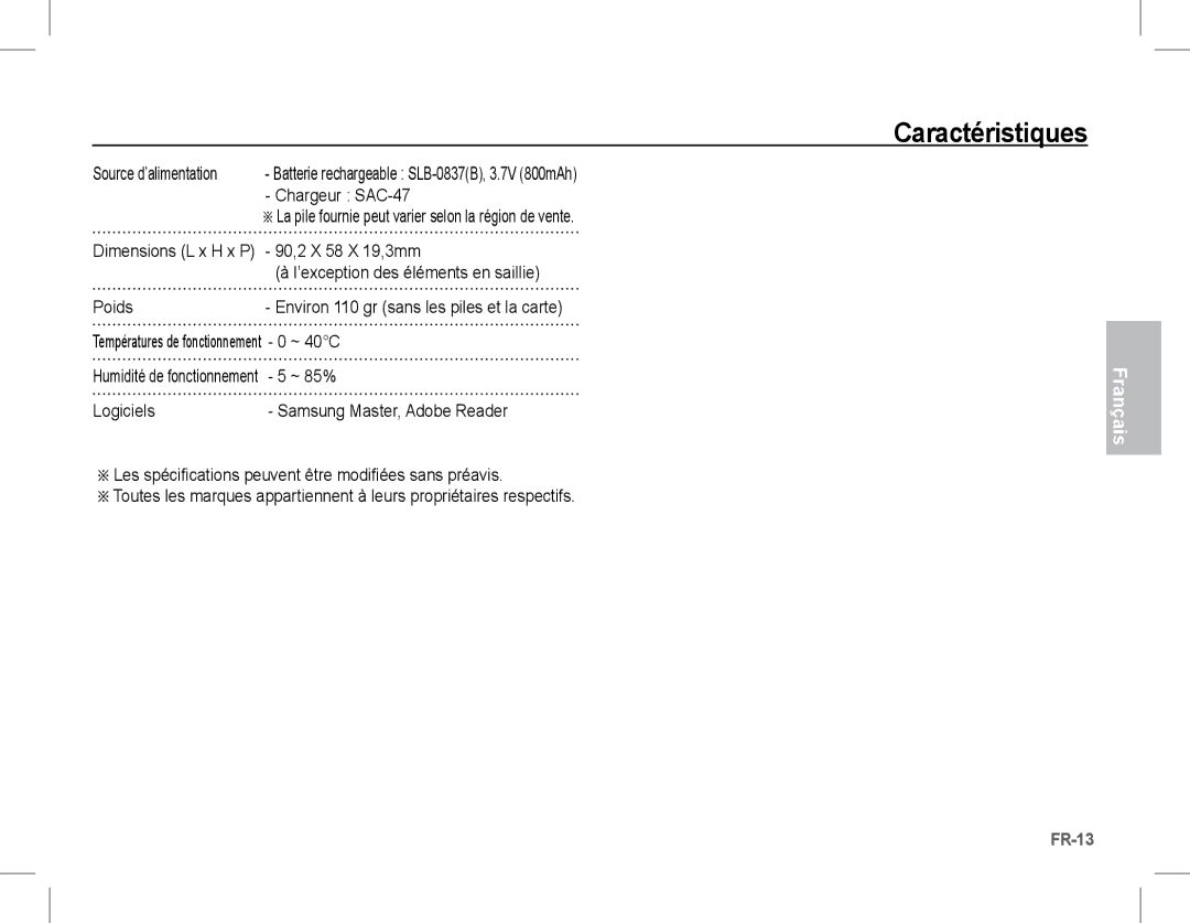 Samsung EC-L201ZSBA/E3, EC-L201ZEBA/FR, EC-L201ZPBA/FR Chargeur SAC-47, 90,2 X 58 X 19,3mm, Poids, Source d’alimentation 