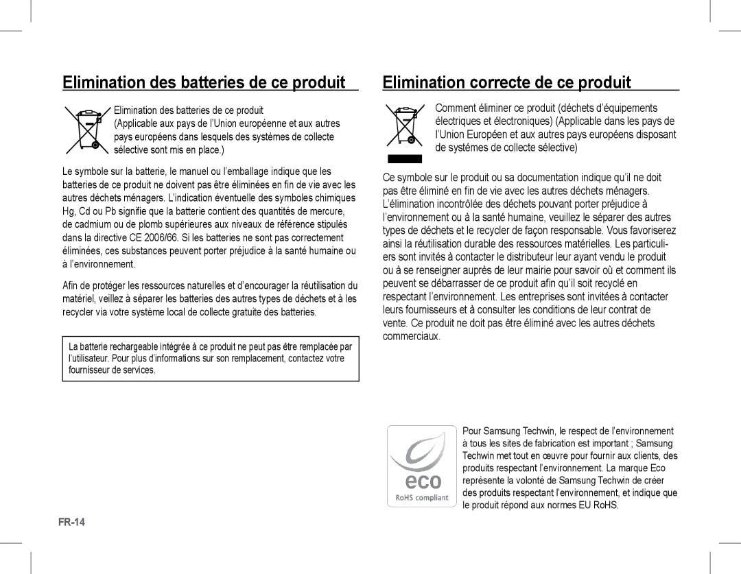 Samsung EC-L201ZBBA/E3, EC-L201ZEBA/FR manual Elimination correcte de ce produit, Elimination des batteries de ce produit 