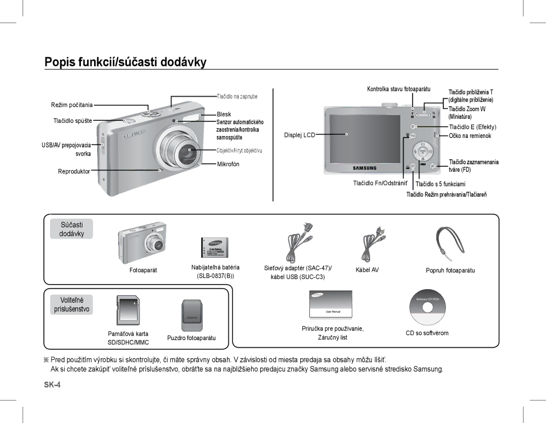 Samsung EC-L201ZUDA/AS, EC-L201ZEBA/FR manual Popis funkcií/súčasti dodávky, Súčasti Dodávky, Voliteľné Príslušenstvo 