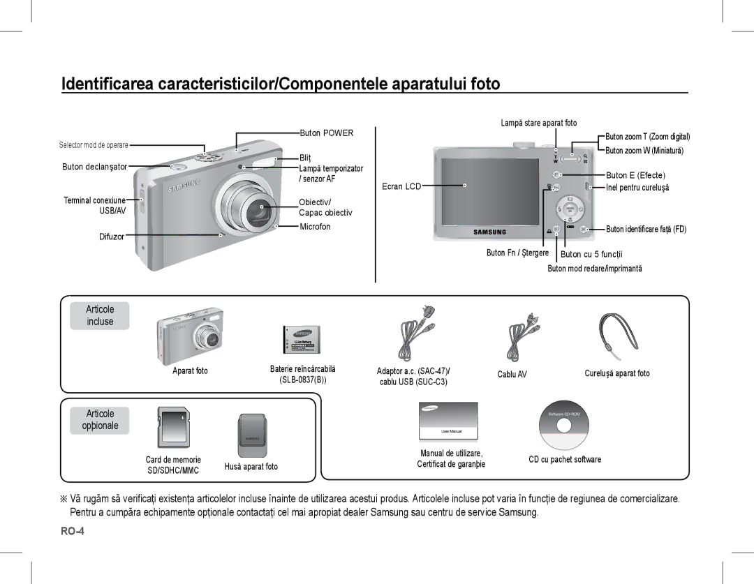 Samsung EC-L201ZPBB/IT, EC-L201ZEBA/FR Identificarea caracteristicilor/Componentele aparatului foto, Articole Opþionale 