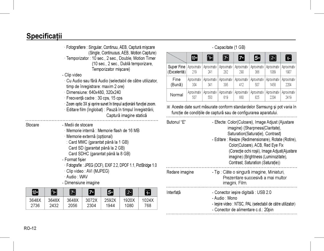 Samsung EC-L201ZSBC/IT manual Clip video, · Dimensiune 640x480 · Frecvenţă cadre 30 cps, 15 cps, Stocare Medii de stocare 