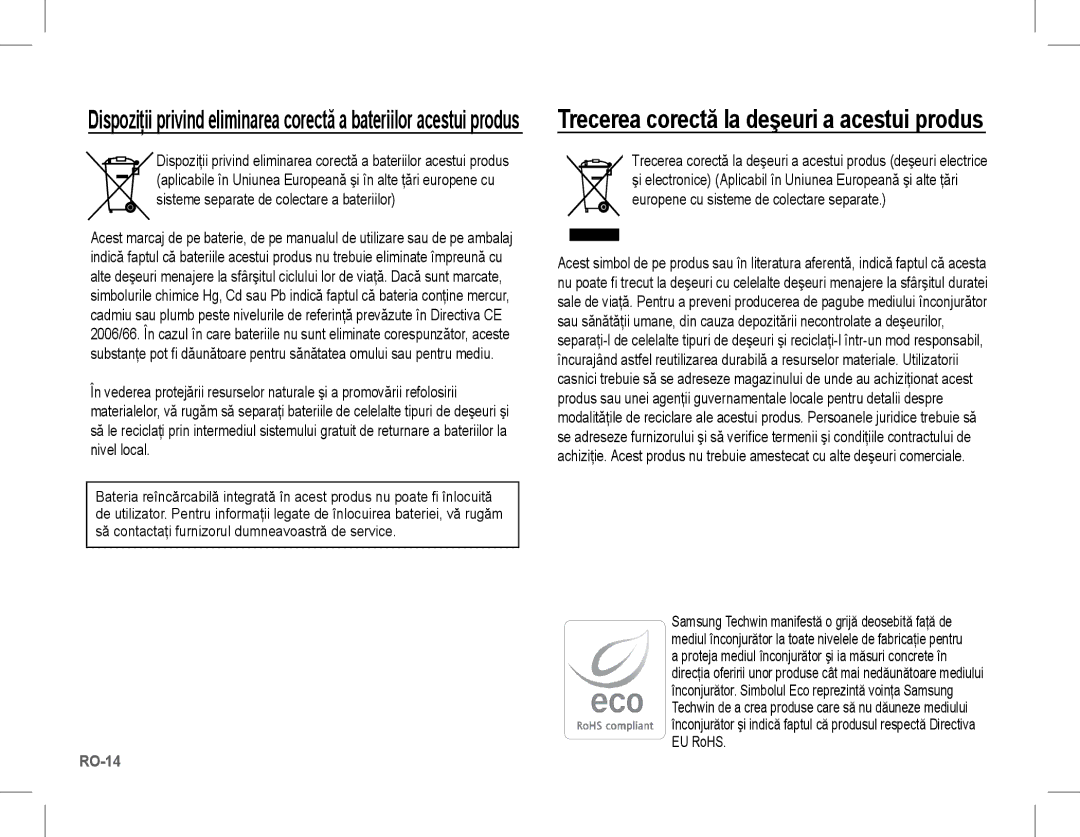 Samsung EC-L201ZBBB/IT, EC-L201ZEBA/FR, EC-L201ZPBA/FR, EC-L201ZSBA/FR manual Trecerea corectă la deşeuri a acestui produs 