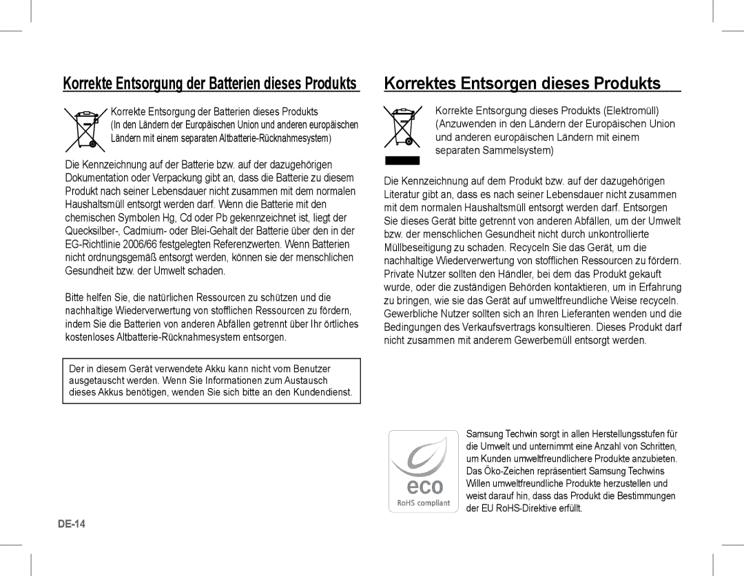 Samsung EC-L201ZPDA/AS manual Korrektes Entsorgen dieses Produkts, Korrekte Entsorgung der Batterien dieses Produkts 