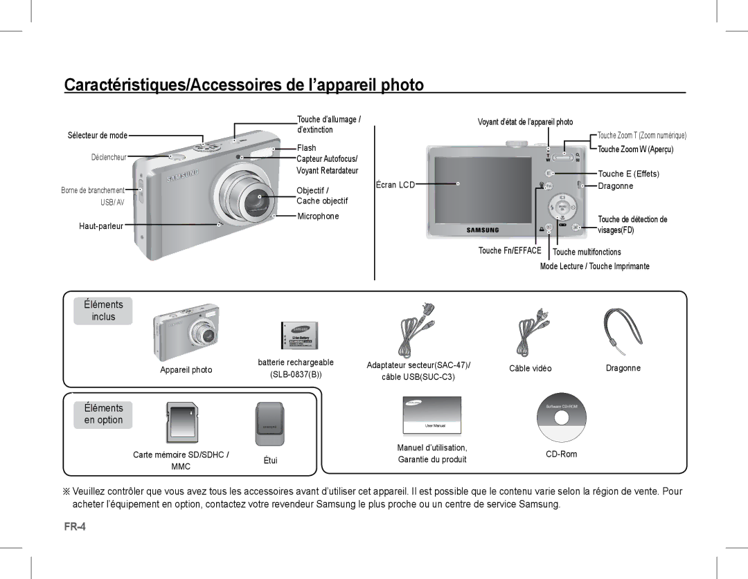 Samsung EC-L201ZEDA/AS manual Caractéristiques/Accessoires de l’appareil photo, Éléments Inclus, Éléments en option 