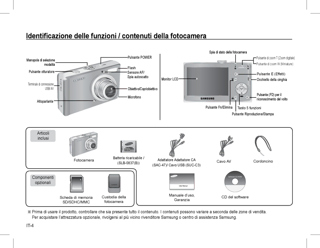 Samsung EC-L201ZSBA/E2 Identificazione delle funzioni / contenuti della fotocamera, Articoli Inclusi, Componenti Opzionali 