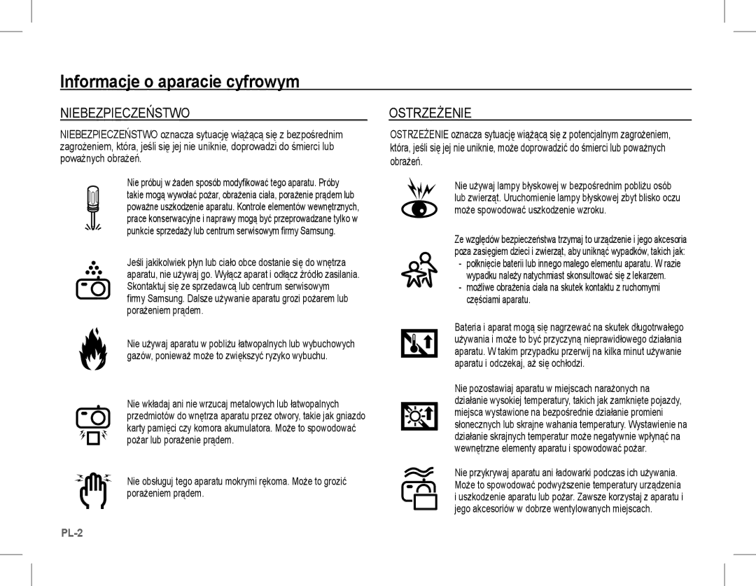 Samsung EC-L201ZUBA/FR, EC-L201ZEBA/FR, EC-L201ZPBA/FR, EC-L201ZSBA/FR, EC-L201ZBBA/FR manual Niebezpieczeństwo, Ostrzeżenie 