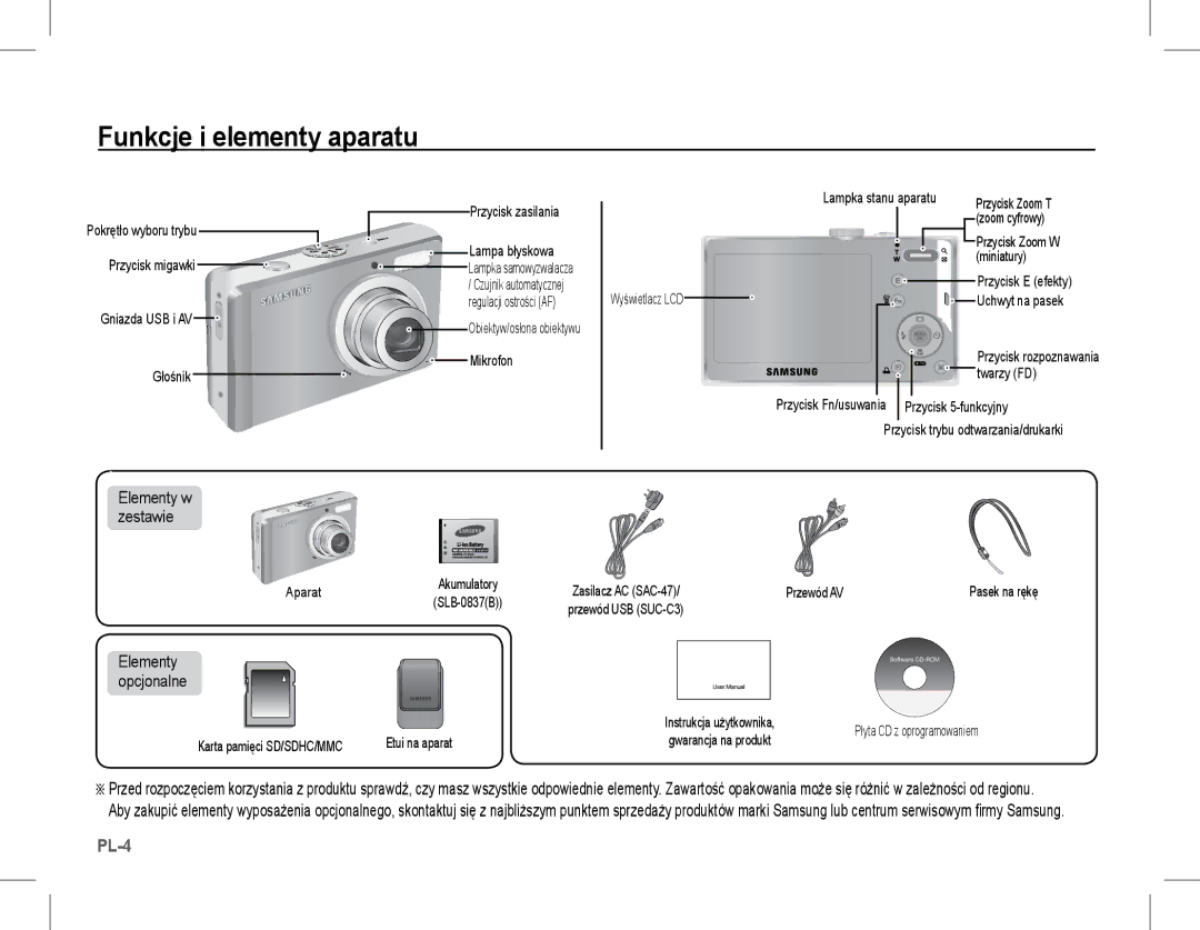 Samsung EC-L201ZEBB/IT, EC-L201ZEBA/FR, EC-L201ZPBA/FR Funkcje i elementy aparatu, Elementy w zestawie, Elementy opcjonalne 