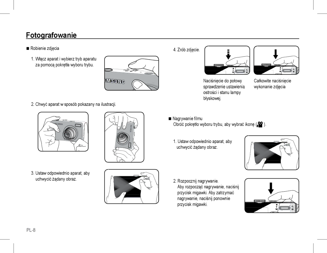 Samsung EC-L201ZUBC/IT manual Fotografowanie, Robienie zdjęcia, Chwyć aparat w sposób pokazany na ilustracji, Zrób zdjęcie 